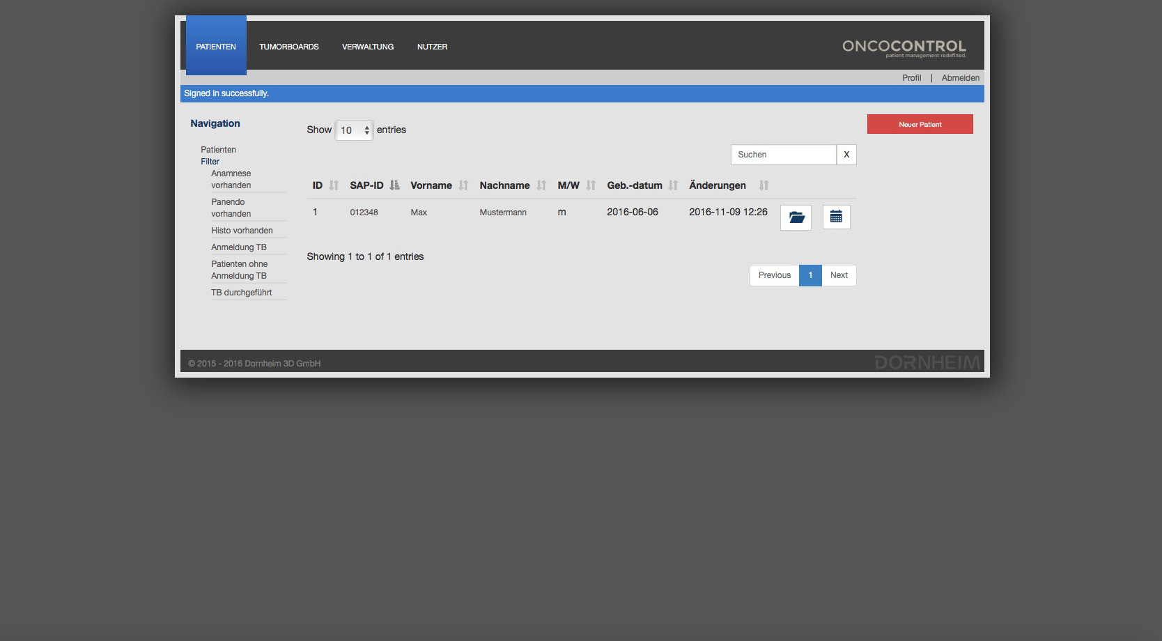 Web-based patient overview in OncoControl with tumor board management