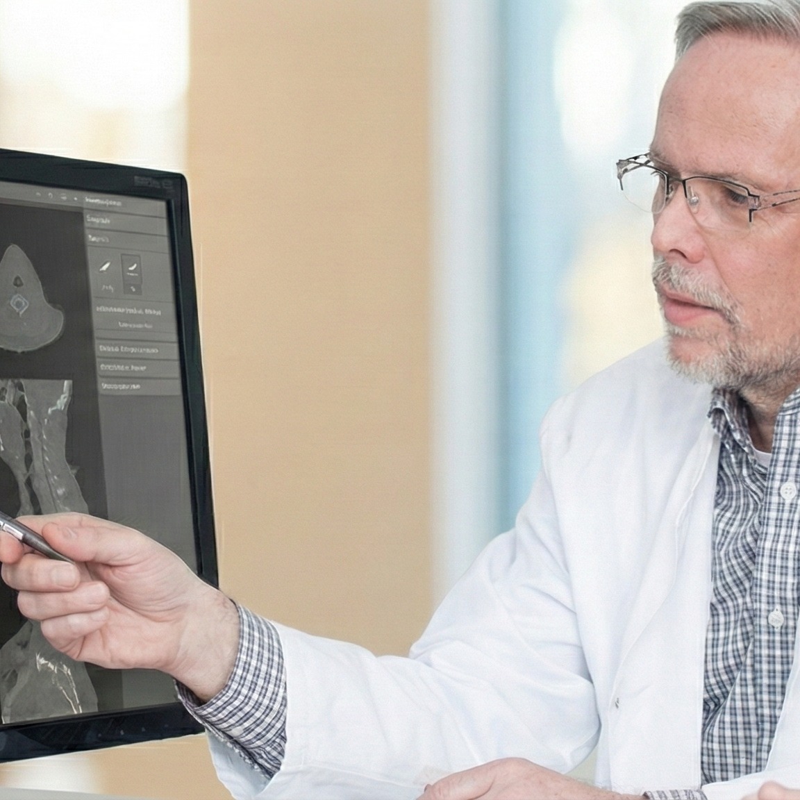 Arzt zeigt auf medizinische Software mit 3D-Anatomie-Modell