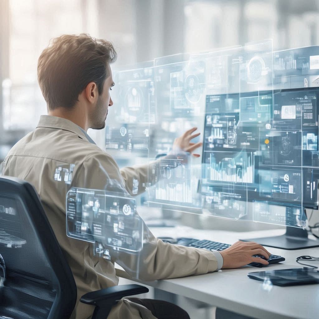 Software developer analyzing data at a workstation with multiple visualizations